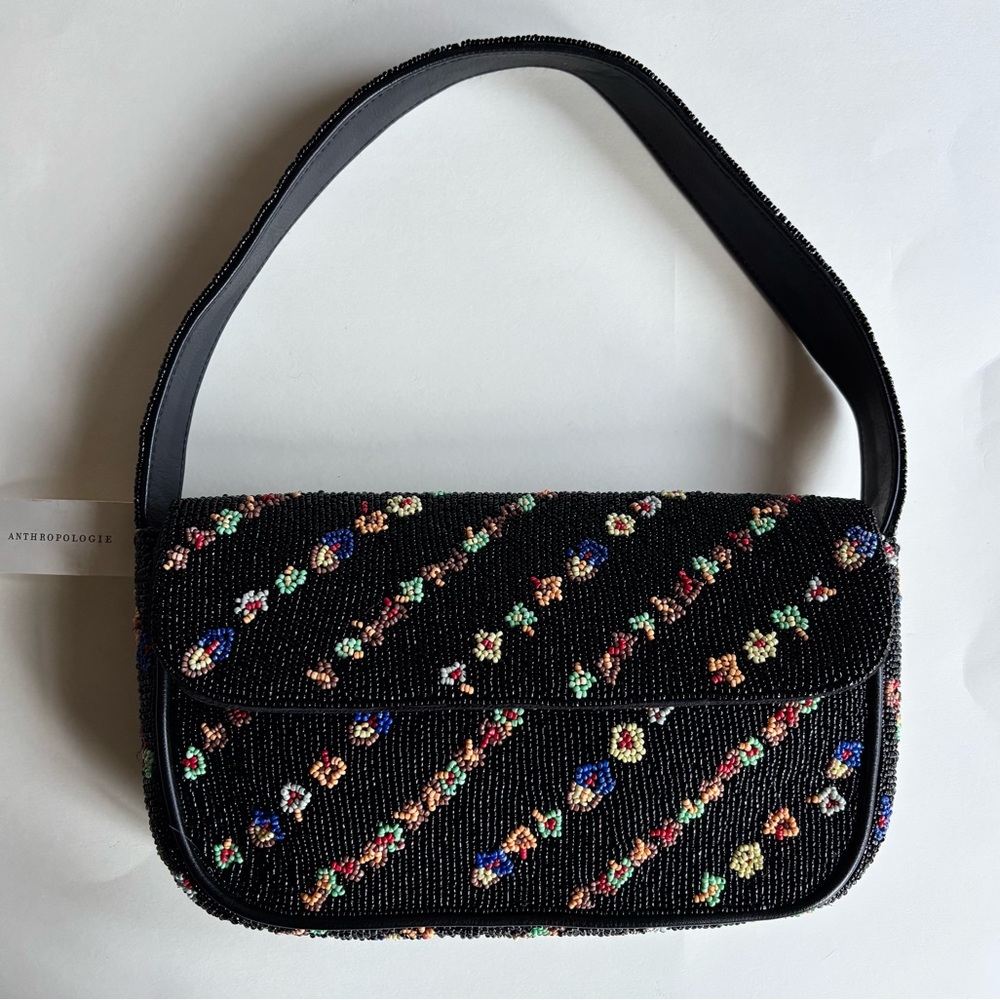New Anthropologie beaded shoulder bag floral multi-color black Fiona bag